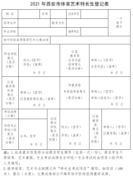2021年西安市体育艺术特长生登记表