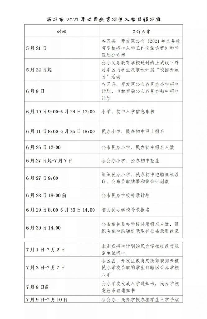 西安市2021年义务教育招生入学日程安排