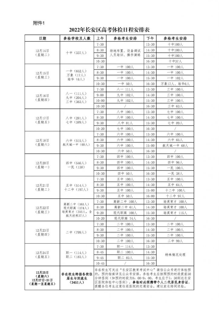 2022年长安区高考考生体检日程安排表
