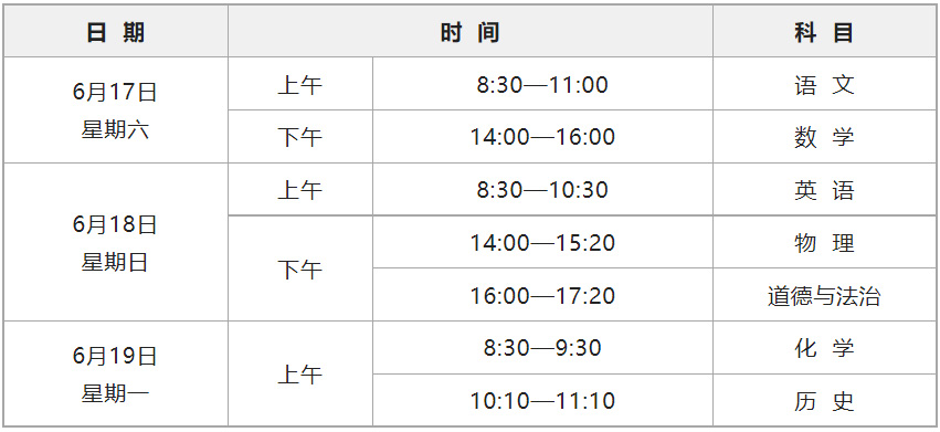 初中学业水平考试(九年级)笔试科目时间表