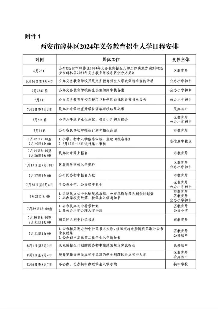 西安市碑林区2024年义务教育招生入学日程安排